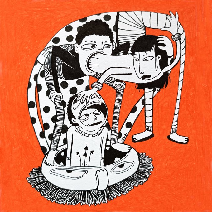 A surreal black-and-white illustration on an orange background depicts three stylized figures with elongated limbs and abstract features crowded around a face with eyes, standing on a fringe-like base.