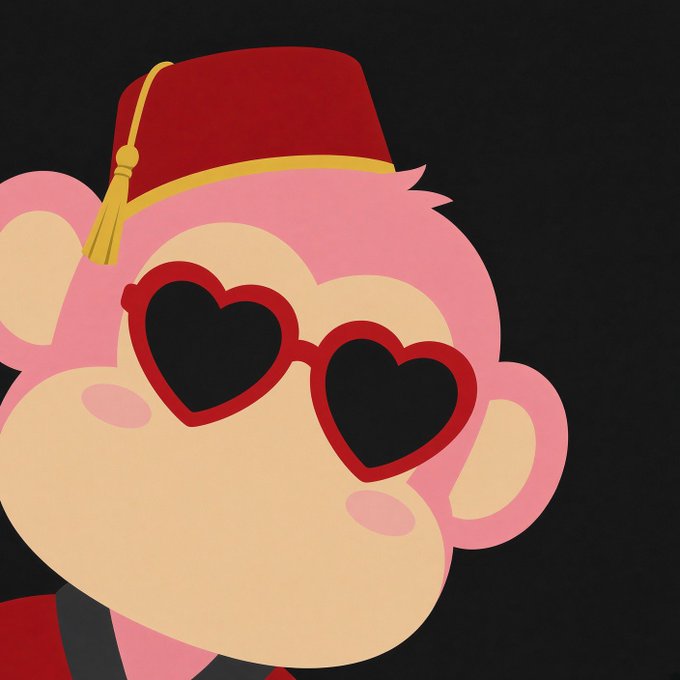 A digital illustration shows a pink cartoon monkey wearing a red fez hat with a yellow tassel and red heart-shaped sunglasses against a black background.