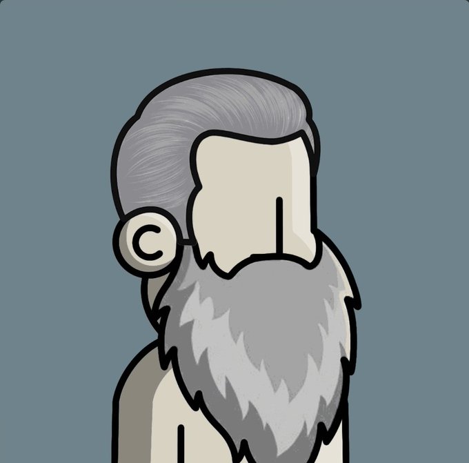 A simple digital drawing of a bearded figure with gray hair shown in profile against a solid blue-gray background.
