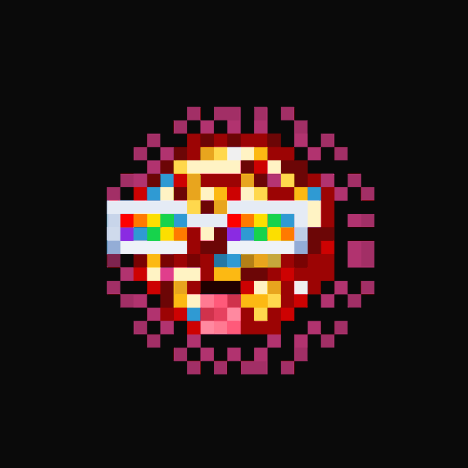 Pixel art image of a colorful explosion or burst with rainbow colors set against a black background.