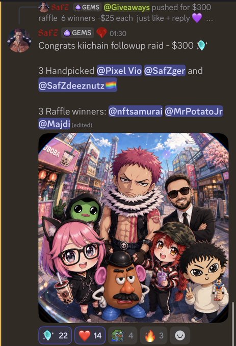 A Telegram post by SafZ announces a $300 GEMS giveaway, listing 3 handpicked winners (@Pixel Vio, @SafZger, @SafZdeeznutz) and 3 raffle winners (@nftsamurai, @MrPotatoJr, @Majdi), accompanied by an anime-style group illustration and reaction emojis. The image relates to the accompanying post by highlighting the crypto giveaway that apparently contributed to the "internet magic gem money" the poster found in their wallet.