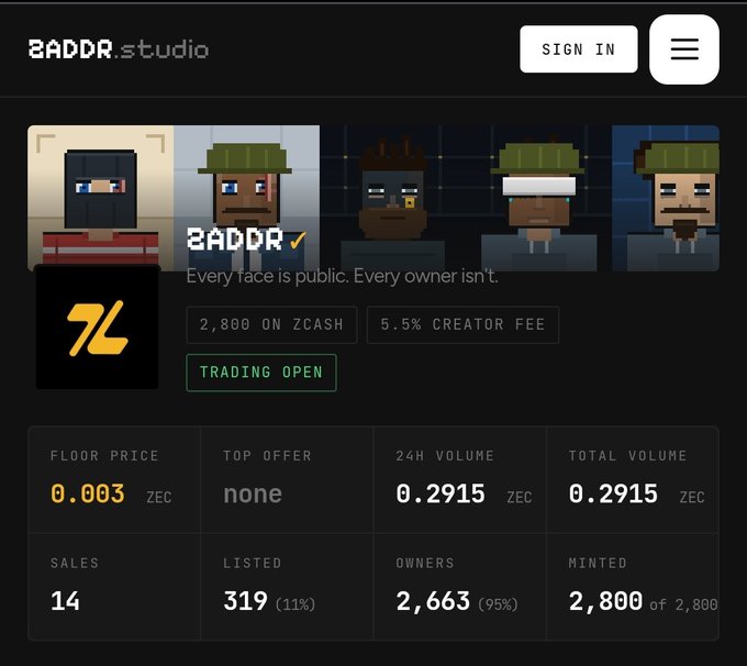 An NFT marketplace listing for '2ADDR.studio' with the tagline 'Every race is public. Every owner isn't,' showing pixel art character avatars with a floor price of 0.003 ZEC, 24H volume of 0.2915 ZEC, and 14 sales.