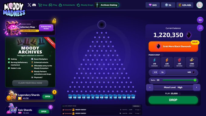 A Plinko-style gaming interface called "MOODY MADNESS" showing "MOODY ARCHIVES" with features like Staking, Boost Multipliers, and Moody's Ecosystem, featuring a current balance of 1,220,350 and a "DROP" button with a 20,000 PLAY cost.