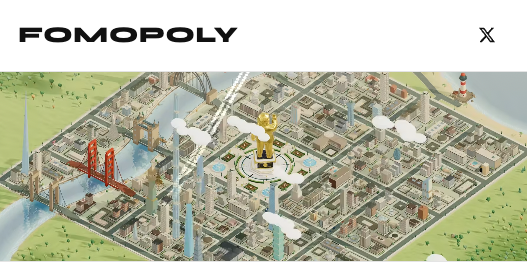 A stylized isometric city game screen bears the title “FOMOPOLY” at top left and an “X” close icon at top right, showing streets, buildings, clouds, water, and a red suspension bridge.