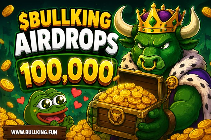 A promotional graphic featuring a green crowned bull king holding a treasure chest overflowing with gold coins, alongside a cartoon frog character, with bold yellow text reading "$BULLKING AIRDROPS 100,000" and the website "WWW.BULLKING.FUN" at the bottom—advertising an airdrop giveaway of 100,000 $BULLKING tokens to the first 500 qualifying participants.