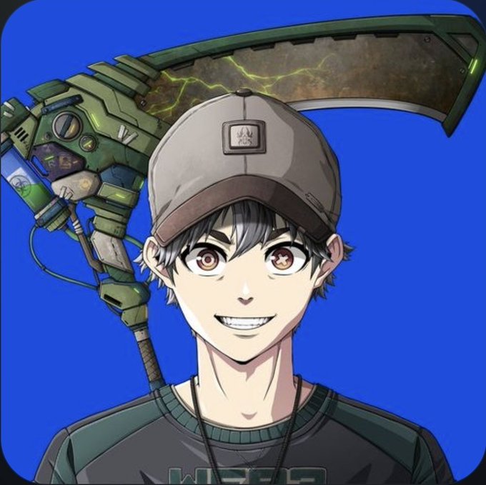 An anime-style illustration of a smiling young boy wearing a cap with a gaming logo, with a large futuristic green weapon featuring biohazard symbols behind him against a blue background.