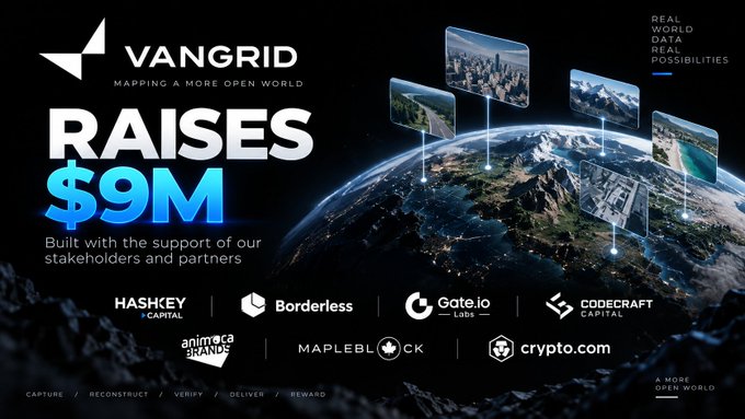 Vangrid announcement graphic 'RAISES $9M' with the tagline 'Built with the support of our stakeholders and partners', showing logos of HashKey Capital, Borderless, Gate.io, Codecraft Capital, Animoca Brands, Mapleblock, and Crypto.com.