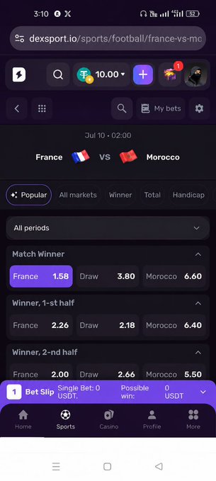 A mobile screenshot of the dexsport.io sports betting app showing odds for a football match between France and Morocco on Jul 10, with France favored at 1.58, Draw at 3.80, and Morocco at 6.60.