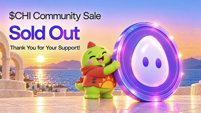 A promotional graphic announces '$CHI Community Sale Sold Out - Thank You for Your Support!' featuring a cute green dinosaur mascot hugging a glowing purple coin with a smiling face, set against a coastal sunset backdrop.