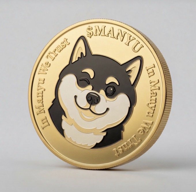 A gold commemorative coin features a Shiba Inu dog illustration with the text "$MANYU," "In Manyu We Trust," and "1SMM" engraved around the edge.