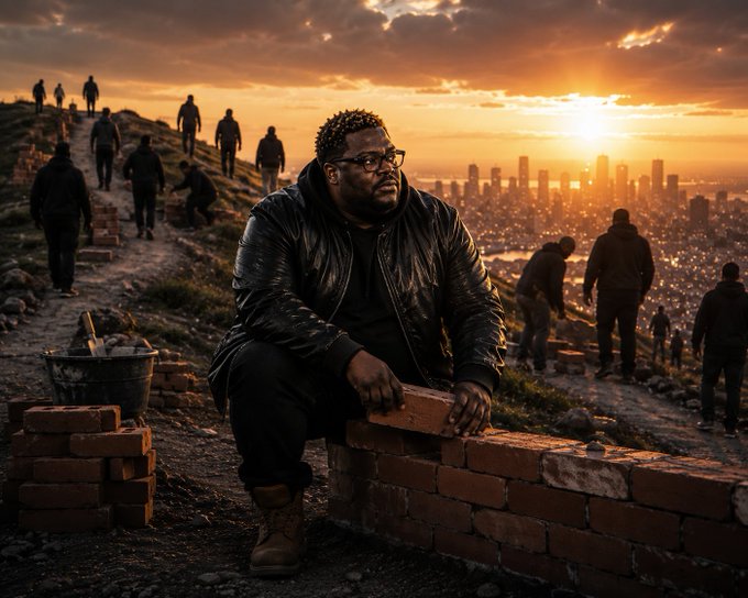 A cinematic photograph of a heavyset Black man with glasses sitting on a brick wall at sunset, overlooking a hazy city skyline, with silhouettes of workers building a brick wall along a hillside behind him.