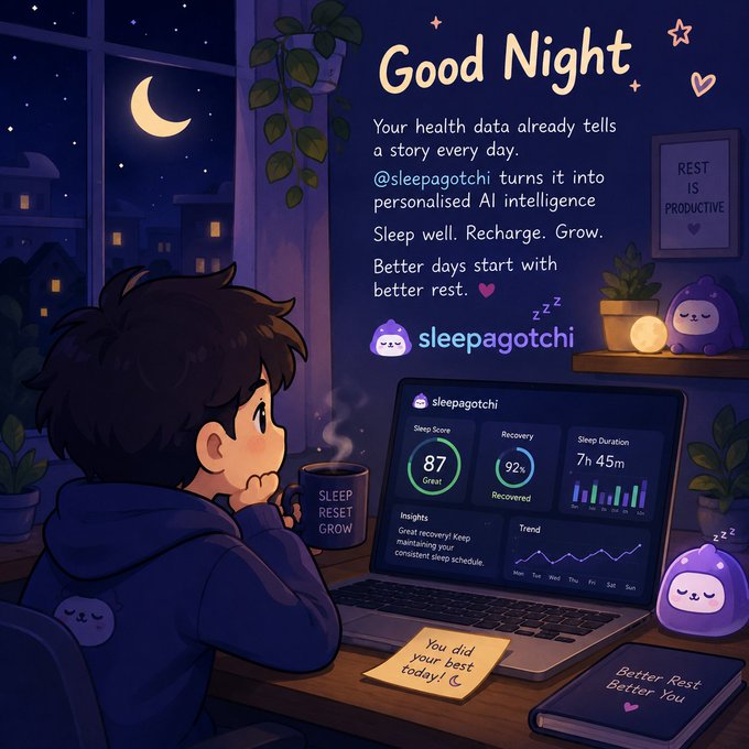 Digital illustration advertisement for 'Sleepagotchi' showing a boy at a desk with sleep tracking data including a sleep score of 87 and 7h 45m duration.