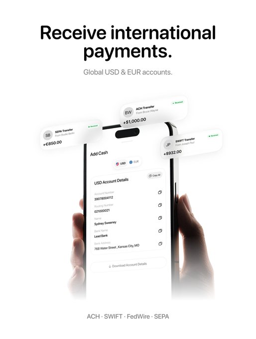 A promotional graphic titled "Receive international payments" showcases a mobile app interface displaying global USD & EUR account details, with transaction notifications for an ACH transfer of +$1,000.00, an SEPA transfer of +€850.00, and a SWIFT transfer of +$932.00, supported by ACH, SWIFT, FedWire, and SEPA payment rails via MoonPay.
