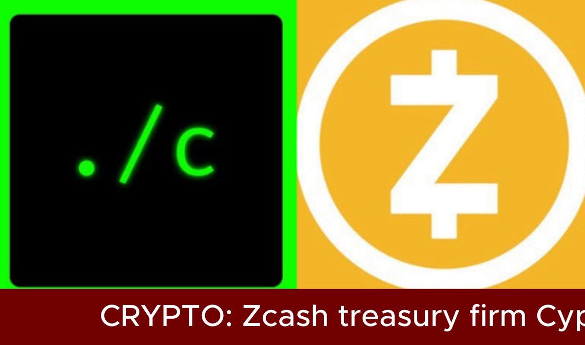The image shows two logos side by side - one for Crypt and another for Zcash. The Crypt logo features a green square with a white "C" inside, while the Zcash logo has a yellow circle with a white "Z" inside. Both logos are in black against a gray background. The text below the logos reads: "Crypt: Zcash Treasury Firm Cypherpunk doubled down on Zcash after the crash $ZEC crashed today, and the company built around it crashed with it".