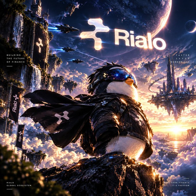 A vibrant, sci-fi style digital artwork for 'Rialo' featuring a penguin dressed as an astronaut standing on a rocky peak, with floating islands, futuristic cities, and the text 'Building the future of finance' and 'Faster. Safer. Borderless'.