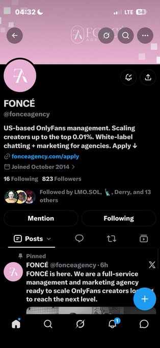 A mobile screenshot shows a social media profile for 'FONCÉ (@fonceagency)', described as 'US-based OnlyFans management. Scaling creators up to the top 0.01%. White-label chatting + marketing for agencies.'