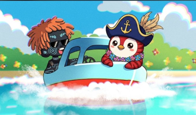 An animated illustration shows a pirate-hat-wearing cat character riding in a small boat driven by a dreadlocked character across blue water.
