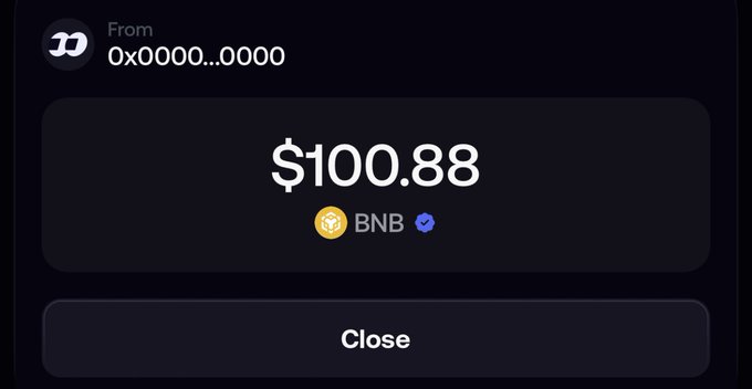 A $100.88 BNB reward notification from the address 0x0000...0000, celebrating winning first place in a BNB Chain memecoin campaign offering 4M BNB in rewards.