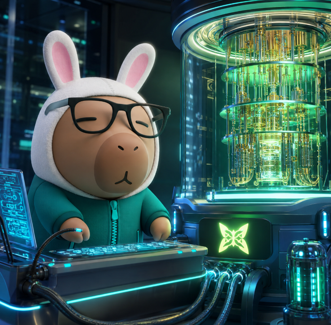 A 3D-rendered illustration of a cartoon character wearing a white bunny hoodie and glasses, working at a keyboard next to a glowing quantum computer.