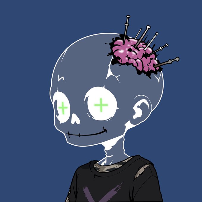 A stylized digital character with glowing cross-shaped eyes and an exposed pink brain pierced by metal rods is shown against a dark blue background.