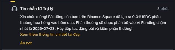 A screenshot of a Vietnamese notification from Binance: 'Tin nhắn từ Trợ lý' congratulating the user on earning 0.01 USDC commission, to be deposited by 2026-07-23.