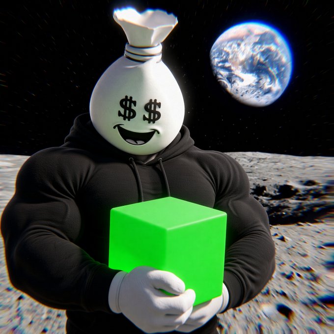 A 3D-rendered figure with a money bag head featuring dollar sign eyes holds a green box while standing on a lunar surface with Earth visible in the background.