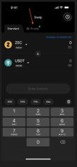 A smartphone screen displays a crypto exchange interface with market data showing BTC at 0 and USDT at 0, along with a "Swap Tokens" button and a numeric keypad, illustrating the type of crypto trading activity referenced in the post about making exchanges harder to trace.