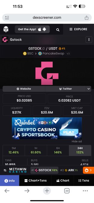 A mobile screenshot of DEX Screener showing the GSTOCK token priced at $0.02085 with a $20.6M FDV and 132% gain in 24 hours. The image relates to the post's gambling theme by highlighting the crypto's meteoric 132% 24-hour surge, visually reinforcing the "lose 1, grab back 10" high-risk trading mindset.
