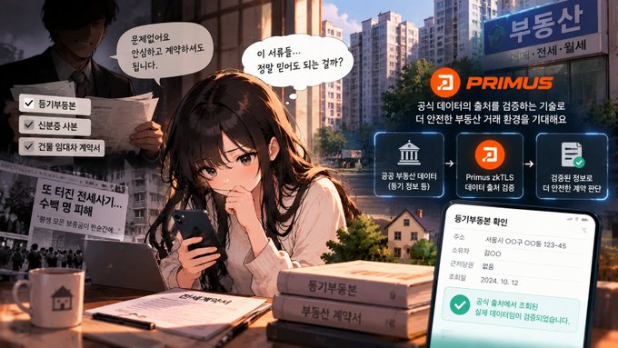 An anime-style real-estate scam ad shows a worried woman holding a phone while documents, a “PRIMUS” logo, and Korean text promote a service involving “공공 부동산 대리 계약 해결” and tax-free transactions. A building sign reads “부동산,” and a smartphone mockup says “등기부등본 확인” with approval and property details.