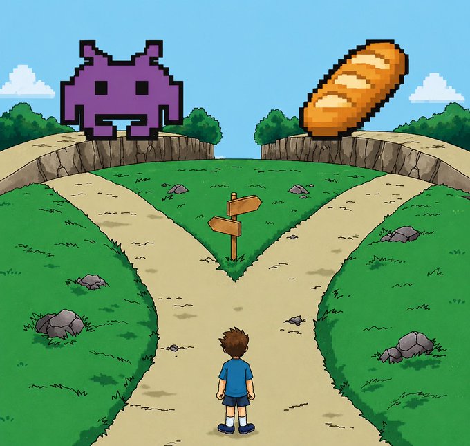 A digital illustration shows a young boy standing at a fork in a dirt path, looking at a wooden signpost, with a giant pixel-art purple alien on the left path and a large baguette on the right path.