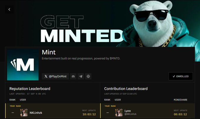Screenshot of the Mint platform dashboard showing 'GET MINTED' with a polar bear mascot in sunglasses, displaying the Reputation Leaderboard and Contribution Leaderboard with user 'NKLinhzk' ranked.