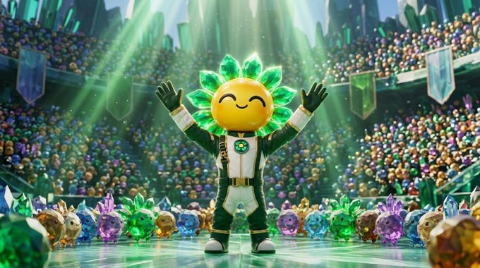 A colorful animated stadium scene shows a smiling sunflower-like mascot in a green-and-white suit raising both arms, with faceted crystal creatures gathered across the arena floor.