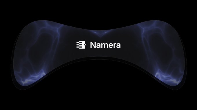 A dark, symmetrical boomerang-like shape glows with purple-blue energy on a black background, displaying the "Namera" logo in white text. The image visually reinforces the post's message about Namera's permission layer for AI agents, with the glowing, contained form symbolizing controlled, identity-based smart account access rather than raw, unmanaged keys.