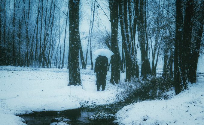 A moody, blue-tinted photograph of two silhouetted figures walking through a snow-covered forest with a white umbrella.