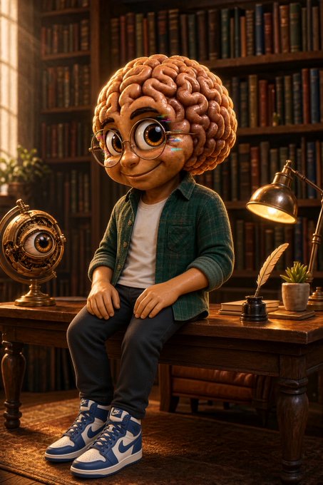 A stylized cartoon character with a brain for a head, wearing glasses, a green plaid shirt, and blue and white sneakers, sits on a wooden desk in a library filled with books, accompanied by an ornate golden sphere and a desk lamp.