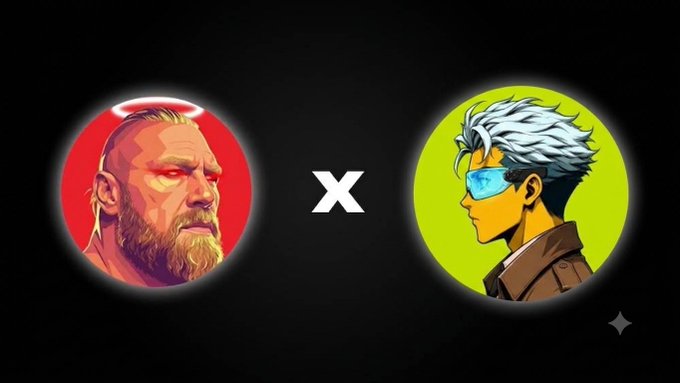 Two circular portraits on a black background display a stylized bearded man with a red halo on the left and a blue-haired character with sunglasses on the right, separated by a white 'x'.