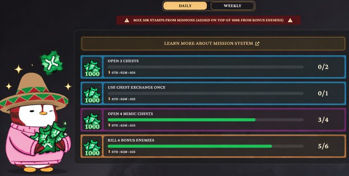 The image shows a cartoon penguin wearing a pink sweater, holding a bunch of money. The penguin appears to be standing against a black background with a colorful title that reads "Don't forget to complete the daily missions! 50,000 stamps is easily within reach. Stamps are Alpha to farm XP @AbstractChain".