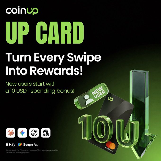 The image features a green advertisement for a digital card called the CoinUp UP Card. The card can be used for various purposes such as online payments, cross-border spending, and global transactions. It offers users 10 USDT top-up or spending credit, which they can use to pay for their expenses. The post encourages new users to start with this card by providing a 10 USDT bonus.