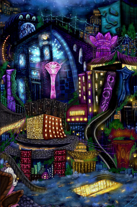A vivid fantasy cityscape at night, filled with neon-lit towers, bridges, elevated rails, greenery, and a large glowing lotus-shaped structure.