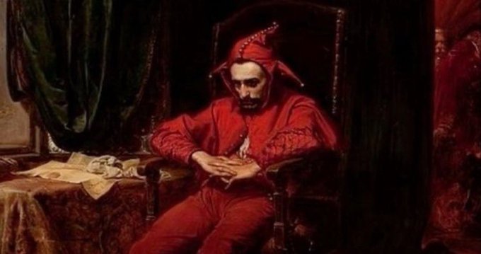 A classical painting depicts a man in elaborate red robes and a horned cap sitting in a dark chair with his hands clasped, resembling the iconic 'Stańczyk' portrait.