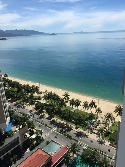 An aerial view from a high-rise shows a stunning turquoise coastline with a palm-lined sandy beach, a coastal road, and distant mountains. The scene matches the post's description of a beautifully blue sea, likely taken in Nha Trang, Vietnam.