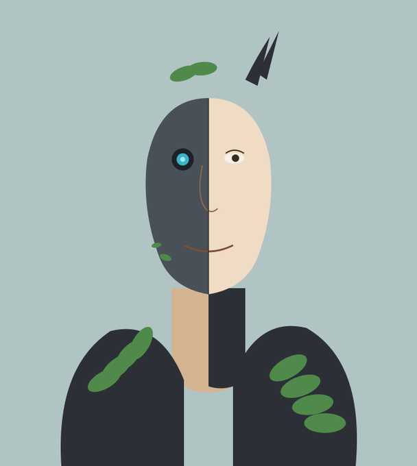An illustration of a bald, egg-shaped character with a black hoodie, featuring a half-robotic face and green slime-like substances on their body and surroundings.
