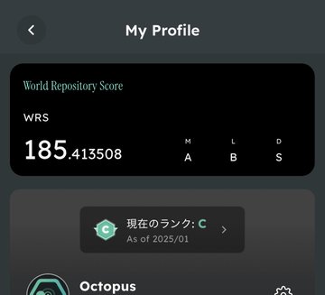 A 'My Profile' screen showing a World Repository Score (WRS) of 185.413508, current rank C, and an 'Octopus' label, dated as of 2025/01.