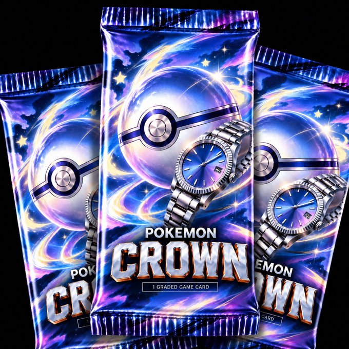 Three Pokémon "Crown" booster packs are displayed, each featuring a blue wristwatch and a Poké Ball against a cosmic purple and blue background, with text indicating "1 GRADED GAME CARD" per pack—marketed as a premium $50 gacha pack with a Rolex watch as a prize.