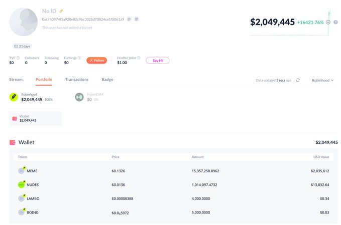 A DexScreener profile showing a wallet (No ID) with a portfolio value of $2,049,445 (+16,421.76%), holding tokens including MEME, NUDES, LAMBO, and BOING.