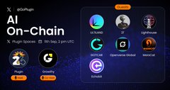 A dark-themed promotional graphic for 'AI On-Chain by PlumSpaces, launching 2pm UTC', displaying logos for Solana, TON, LightHouse, GM Town, Optimus Group, NinjaCat, Cherry AI, and BUILD.