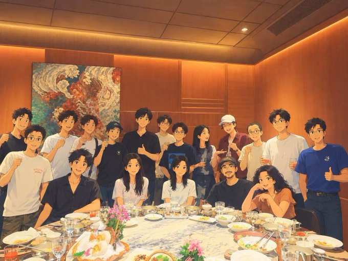 An anime-style illustration depicts a group of young people gathered around a dining table in a warmly lit room with a large painting on the wall, posing for a group photo.
