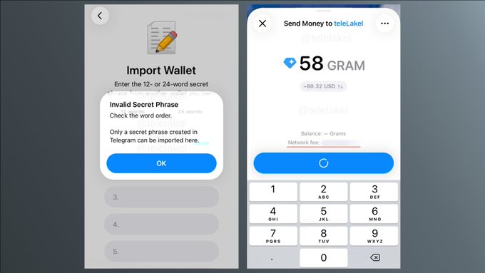 Two mobile app screens showing Telegram wallet features: an 'Import Wallet' screen with an 'Invalid Secret Phrase' warning, and a 'Send Money to tele1ake1' screen displaying a 58 GRAM transaction with a numeric keypad.