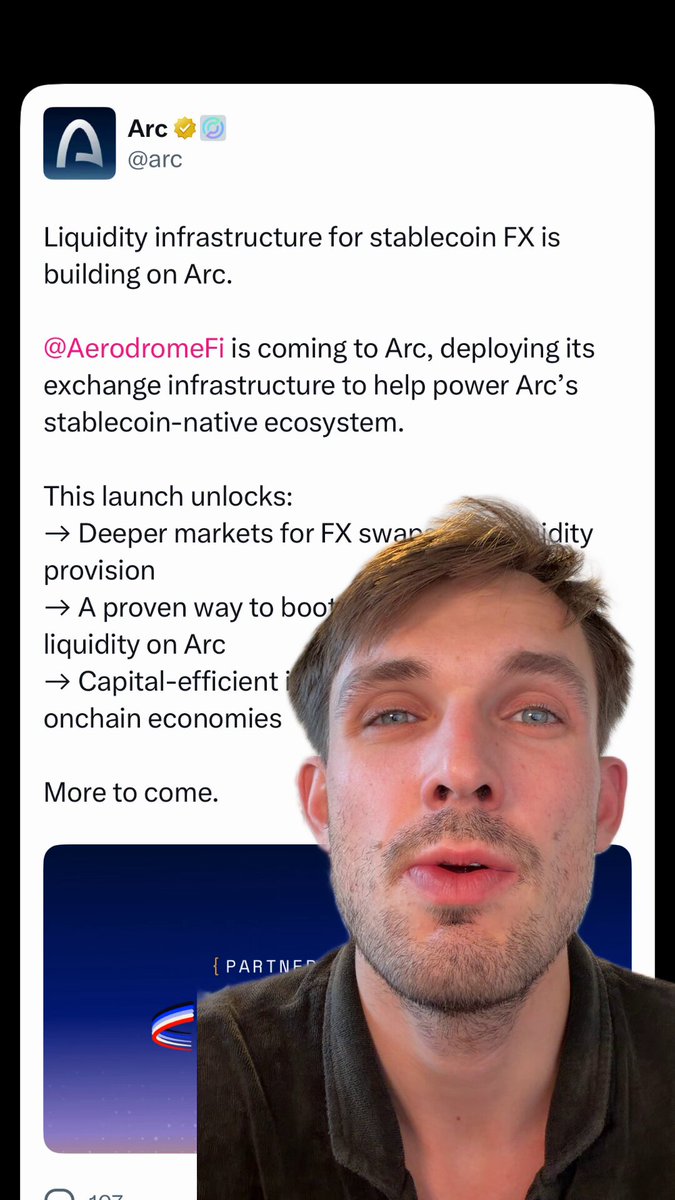 The image shows a man with a beard wearing a brown shirt who appears to be making a funny face or showing off his teeth while looking at the camera. The caption of the image reads, "Arc is winning over many of the largest defi players now we have Aerodrome, a couple of weeks back we had Morpho that are launching on @arc I am watching Arc GTM closely, also have joined the Arc House community."