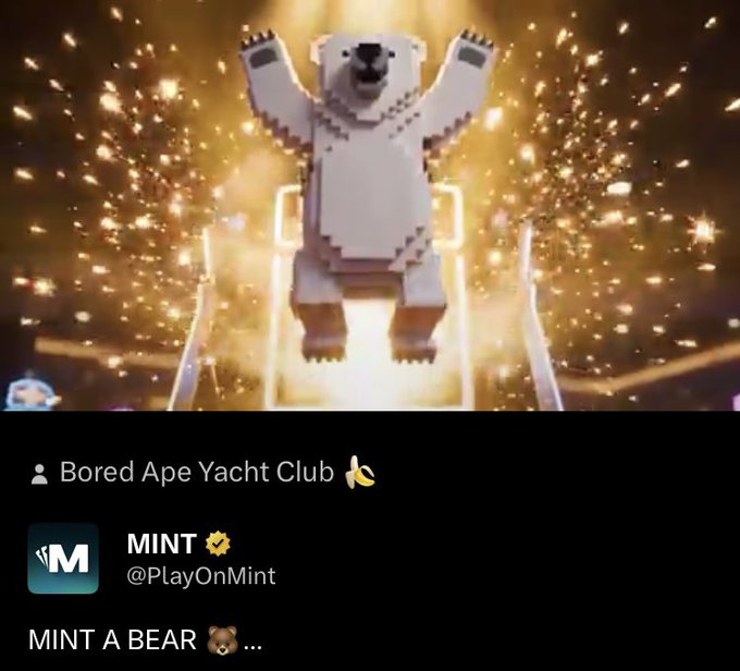 A pixelated bear character with raised arms appears in a Bored Ape Yacht Club post from PlayOnMint announcing 'MINT A BEAR'.